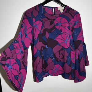 LOFT Navy magenta floral bell sleeve top XXSP Whimsigoth Ethereal Witchy Fest